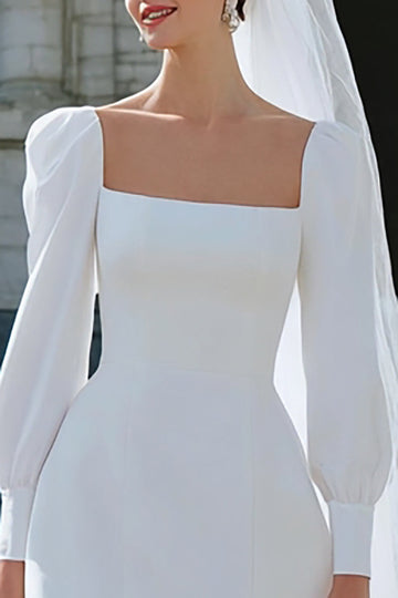 Ivory A-Line Square Neckline Satin Engagement Dress